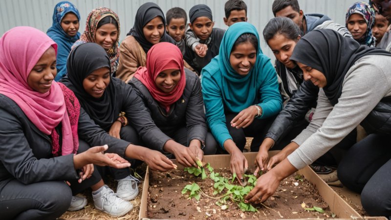 refugee crisis, poverty alleviation, community integration, education, vocational training, policy advocacy, volunteering, sustainable livelihoods